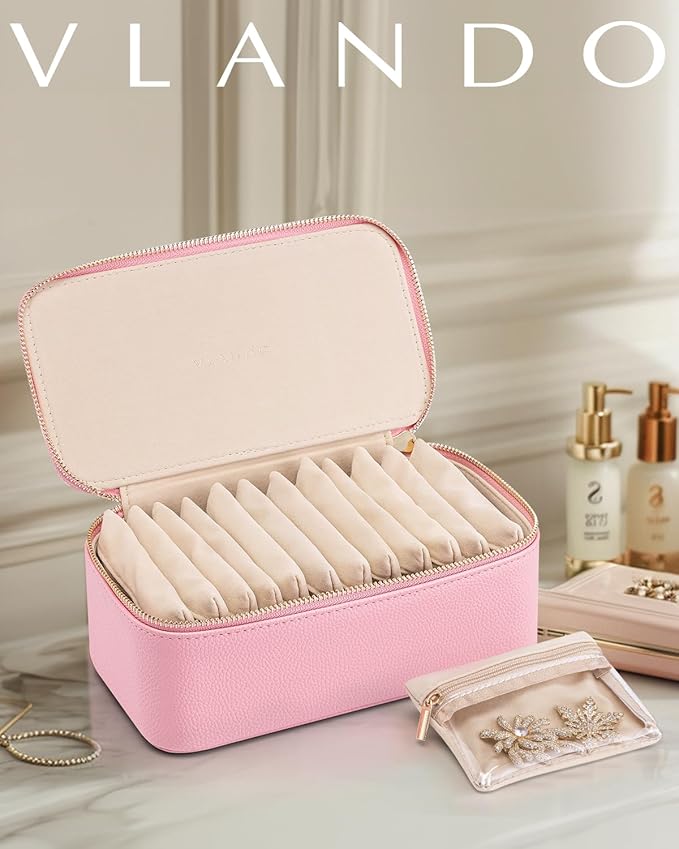 Vlando Jewelry Travel Case with 12 Velvet Jewelry Bags Travel Jewelry Orgainzer for Girls Jewelry Box for Necklace Rings Earr