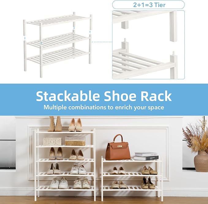 3 Tier Bamboo Shoe Rack Storage Organizer for Closet, Multifunctional Stackable Free Standing Shoe Shelf Organizer for Small 
