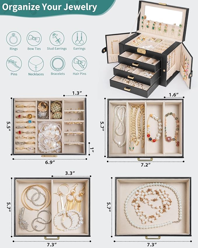 AKOZLIN Large 4-Tier Jewelry Box Leather Jewelry Storage Organizer with 3 Drawers Lockable for Women Girls Ring Necklace Earr