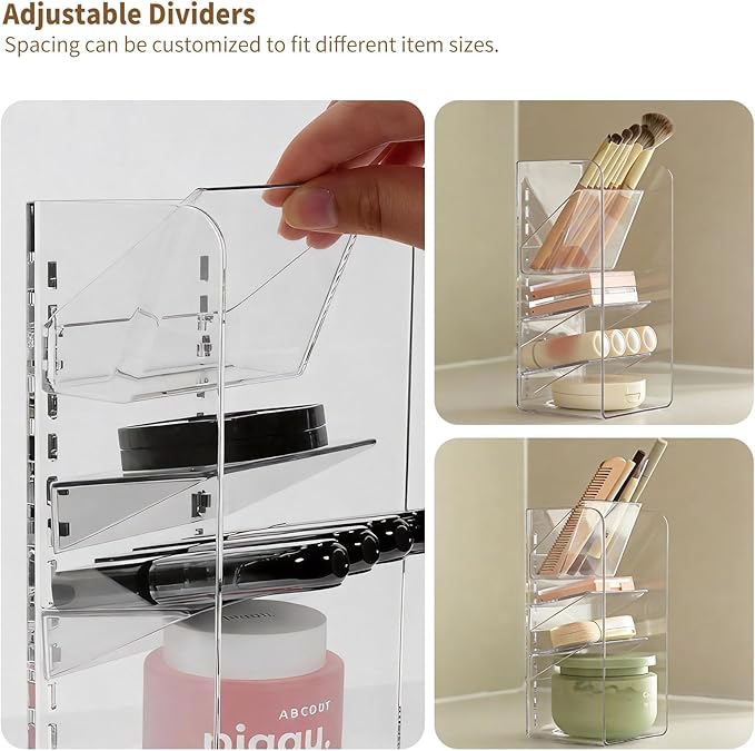 PAVSTINE Medicine Cabinet Organizer with Adjustable Dividers, Clear Vertical Layered Backward Slanting Shelves for Makeup Bru