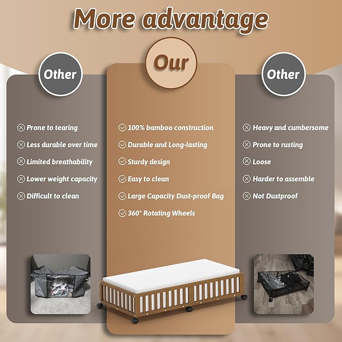 Bamboo Under Bed Storage Containers with Wheels, 2 Pack Large Under the Bed Shoe Storage Bins, Wood Rolling Underbed Drawers 