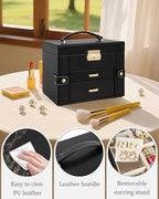 TORIBIO Jewelry Box for Women, Leather Jewelry Organizer with Mirror & Lock, 3-Tier Jewelry Storage Organizer with 2 Drawers 