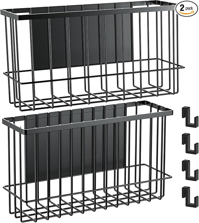 Funvalley Surperfect Magnetic Wire Mesh Storage Baskets, Black Steel Wall Mount Organizers, 2-Pack Large and Medium, Modern I