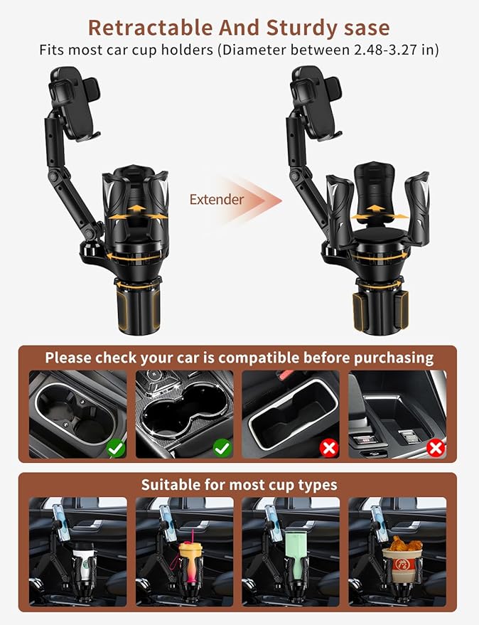 Phone Holders for Your Car, Adjustable Car Cup Holder Expander with Rubber Grip, Secure Hold, Multi-Scenario Use for Drivers,
