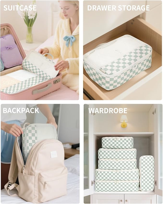 Narwey 7 Set Checkered Packing Cubes for Travel Kids Women, Durable Packing Organizer Bags for Carry on Suitcase Luggage Trav