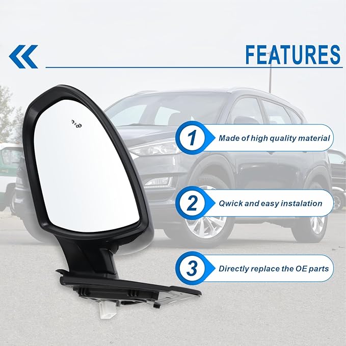 Left Driver Side Mirror Compatible With 2019 2020 2021 Hyundai Tucson With Manual folding Power Glass Turn Signal Heated Blind Spot Black Replace#87610D3930(8Pins)