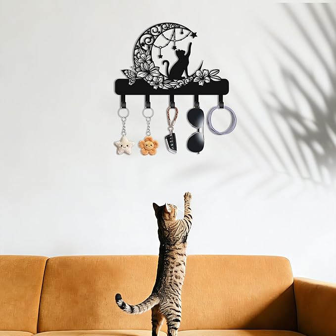 Cat Key Holder Wall Mount, Floral Moon and Star Metal Key Hanger with Butterfly, Cute Wall Decor with Storage, 13.4x9.5 Inch 