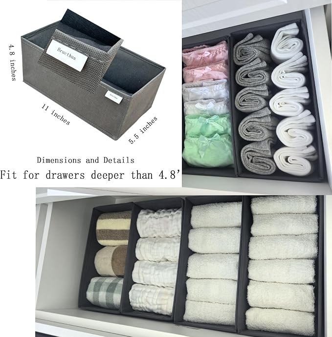 Bructhun Sock Drawer Organizer 6 Pack - Collapsible Fabric Storage Bins for Underwear Divider, Small Closet Organizers with 6