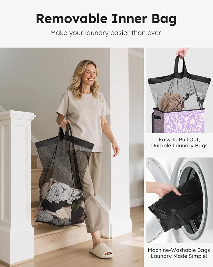 SOLEDI Laundry Hamper with Lid, 90L Tall & Large Floral Laundry Basket, Collapsible Clothes Hamper with Removable Bag, Dirty 