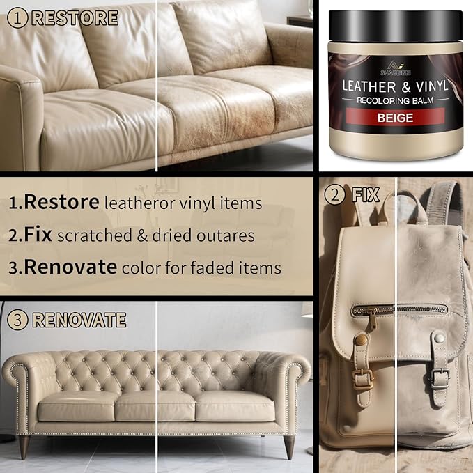 Leather Recoloring Balm and Leather Repair Kit for Furniture, Beige Leather Dye for Couches, Car Seats, Leather Paint & Stain