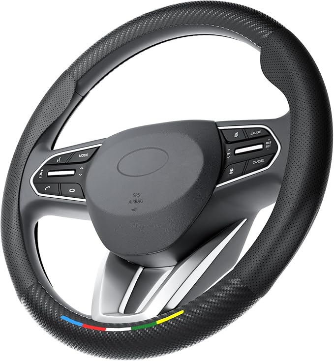 Wigoo Car Steering Wheel Cover Compatible with Hyundai [Ergonomic Design, Ultra Breathable] Black Leather Wheel Cover for Better Control, Car Accessory for Women and Men, 14.5''-15''
