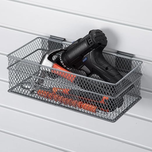 Barydat 4 Pcs Slatwall Basket Set Ventilated Metal Slatwall Basket Hanging Wire Bins Wall Mounted Accessories for Panel Garag