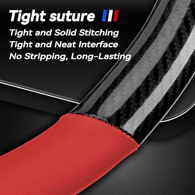 Customized Steering Wheel Cover Compatible with Mazda, Premium Nappa Leather&Bright Carbon Fiber Texture Steering Wheel Cover, with Coasters and 3-in-1 USB Fast Charging Cable (Red)