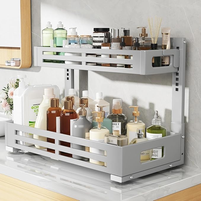 2 Pack 21IN-Depth Under Sink Organizer,Pull Out Cabinet Organizer With Smooth Cylindrical Rail,Metal Slide Out Drawer for Kit