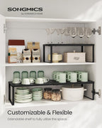 SONGMICS Spice Racks, Set of 2 Expandable Kitchen Countertop Shelves, Small Cupboard Organizers, Metal, Space-Saving Tabletop