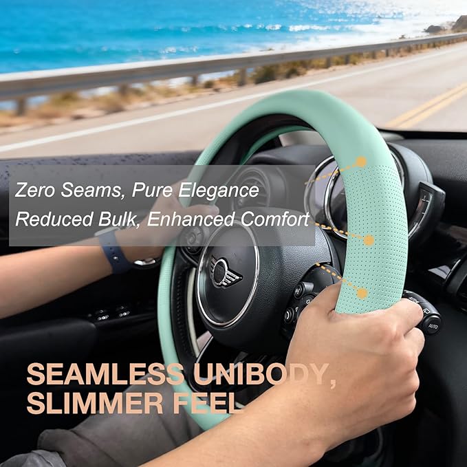 PINCTROT Large Size Nappa Leather Steering Wheel Cover, Slim Fit No Bulk Design, One Piece Leather with Breathable Perforatio