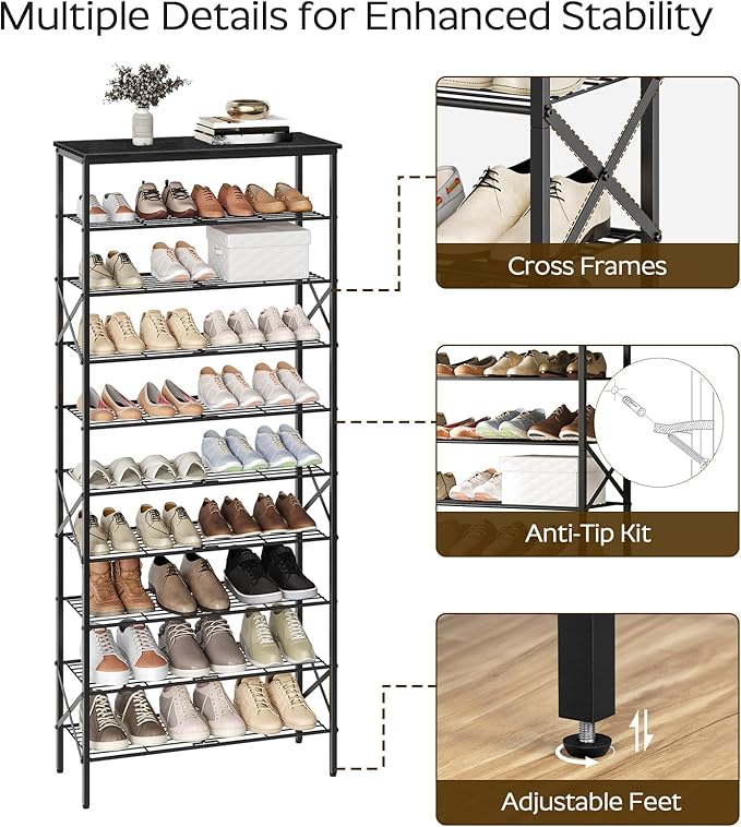 YATINEY 10 Tier Shoe Rack, Large Capacity Shoe Storage Organizer Holds 40 Pairs, Sturdy and Stable, for Entryway, Hallway, Cl