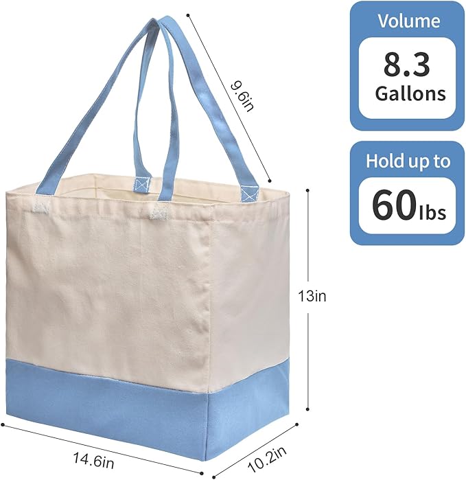 Reusable Grocery Bags Heavy Duty, 8.3 gal Foldable Large Canvas Tote Bag with Handles, Holds 60 lbs Canvas Shopping Bags, 3 Pack（Off White+Light Blue）