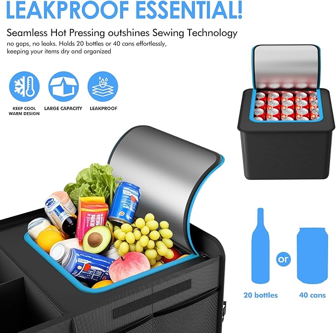 MEI&CO Car Trunk Organizer - 2.5mm PP Board Built, 35L Leakproof Cooler, 105L Capacity, 2 Tie-Down Straps, 4 Adjustable Divide