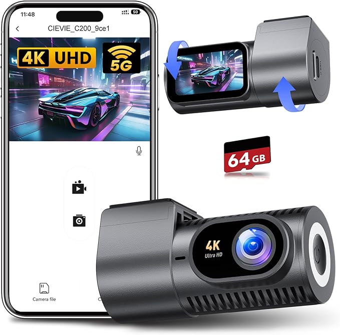 Dash Cam Front 4K - 1.5" IPS Display & 5G WiFi & 64G Card, 360° Rotation Mini Dashcam, Car Camera with WDR Night Vision, 24H 