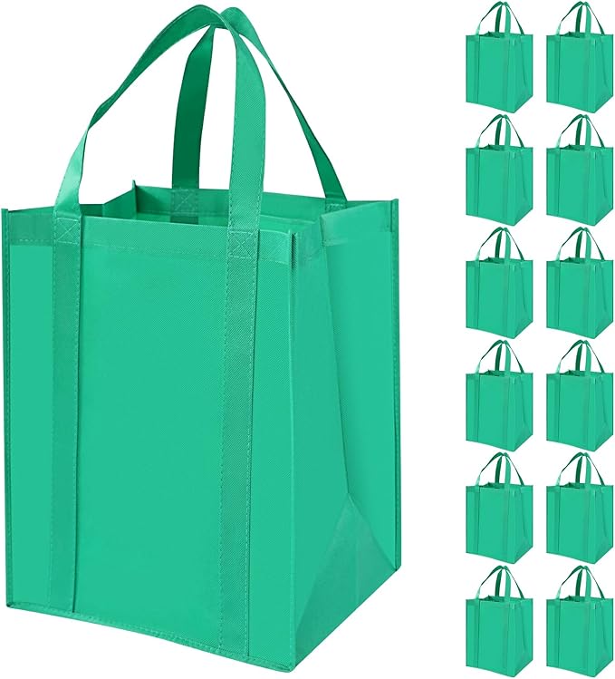 12 Pack Heavy Duty Reusable Grocery Bags - Large Shopping Totes Reinforced Handles, Holds 40 lbs, Foldable and Washable (Green)