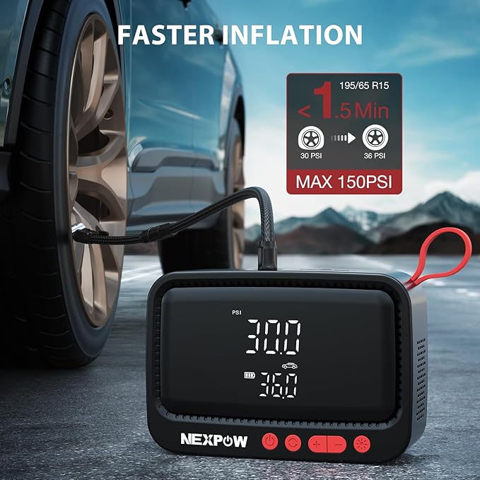 NEXPOW Tire Inflator Portable Air Compressor - Air Pump for Car Tires with 12V DC Power Adapter, 150PSI Electric Tire Pump for SUV, Motorcycle, Bicycle, Basketball, Fast Inflation with Auto Shut-Off