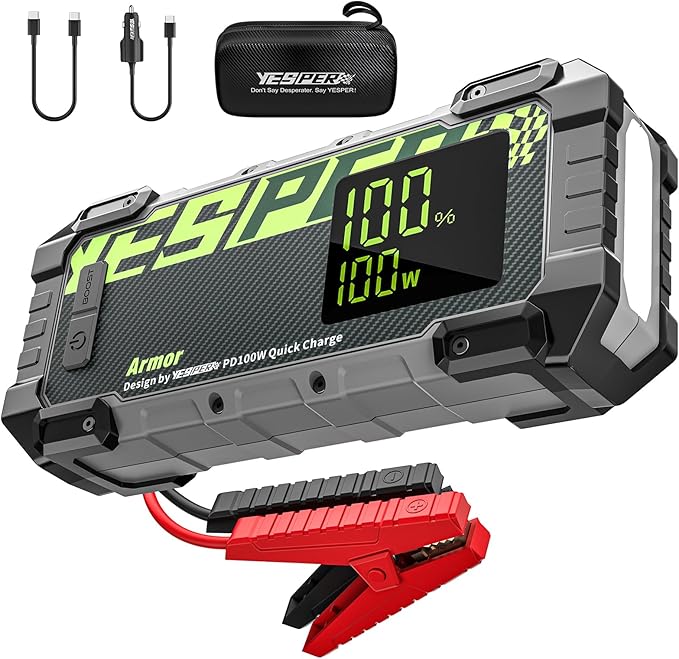 YESPER 4000A Jump Starter, 12V Car Battery Jump Starter 24000mAh Power Pack, (All Gas/10L Diesel Engine) Portable Jump Starter for Car with 100W Quick Charge Cables,Booster, LED Light - Armor Series