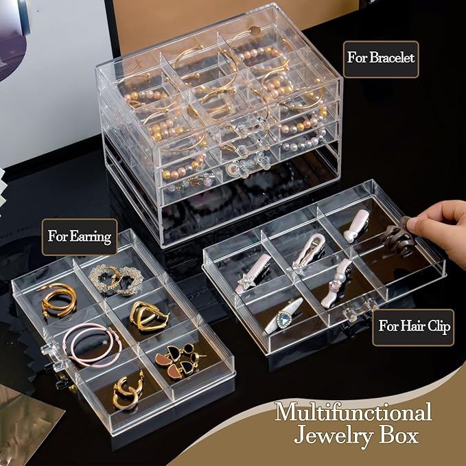 SPAKOWN Earring Organizer, Acrylic Earring Box Large 30 Compartments Jewelry Holder Organizer with 5 Drawers Stackable Earrin