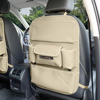 Car Seat Organizers Waterproof Backseat Protector with Storage Pocket Large Leather Kick Mats for Kids Pets Automobile SUV Truck (Beige, Large Pocket)