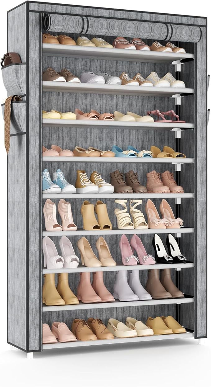 VILICK Shoe Rack with Cover Narrow Shoe Organizer with Pockets 10 Tier Tall Shoe Storage Holds 36-41 Pairs Shoes and Boots Sh