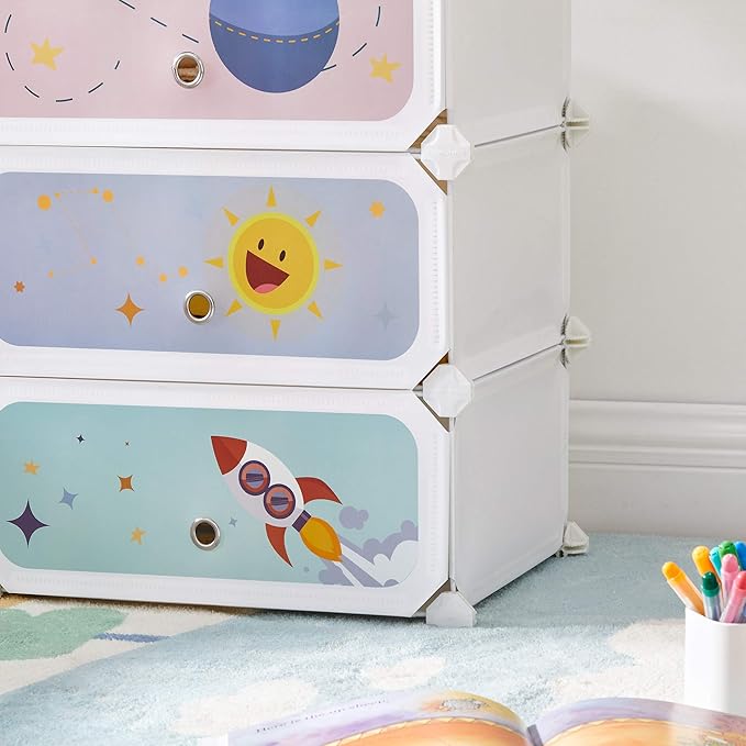 SONGMICS Kids' Shoe Rack with Doors, 6-Slot Stackable Storage Organizer, Plastic Wardrobe, Toys, Books, Clothes, 12.2 x 16.9 