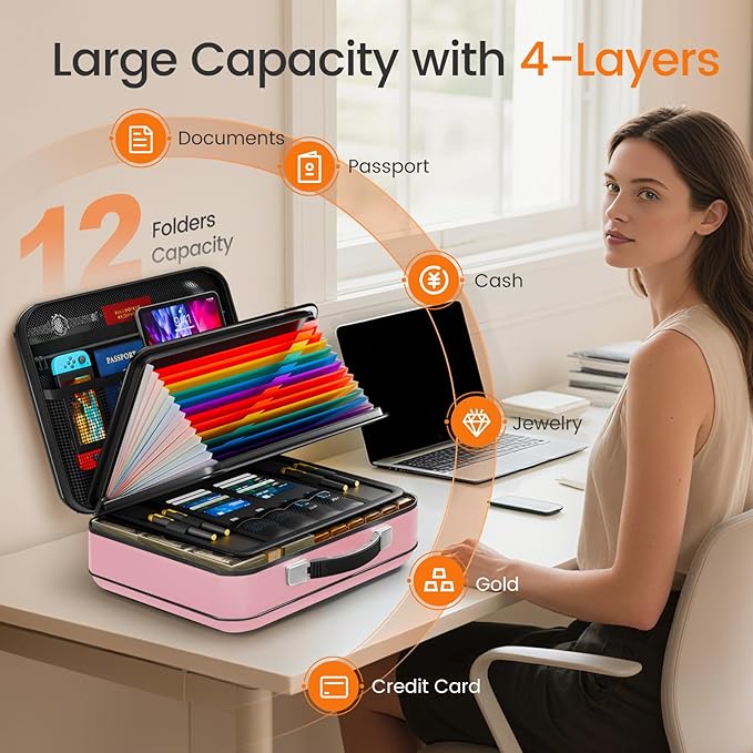 Fireproof Document Box with Lock, 5200°F Fireproof Water Resistant Hard Case File Organizer Safe Box for Important Documents,