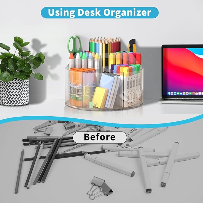 Acrylic Desk Organizer Clear Pen Holder 2 Packs, 360 Degree Pencil Holder for Desk Kids, Rotating Lazy Susan Organizer for Sc