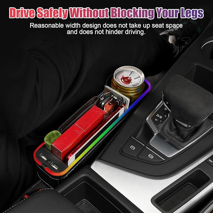 2PCS LED Car Seat Gaps Filler Organizer,Front Seat Gaps Filler, Car Seat Organizer with Ambient Light, USB Charger for Multifunction Storage Box for Holding Phone, Sunglasses