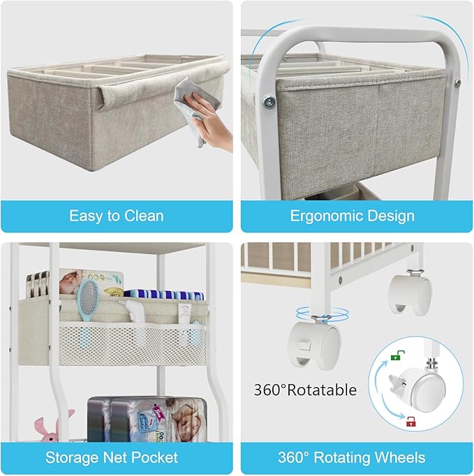 3-tier Baby Diaper Caddy Organizer and Storage Cart with 4+3 Dividers, Metal Utility Cart with Lockable Wheels for Nursery, B