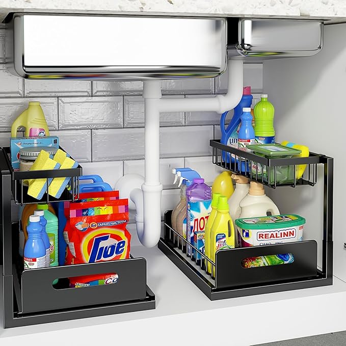 REALINN Under Sink Organizer, L-Shaped 2 Tier Pull Out Cabinet Organizer for Kitchen and Bathroom, Slide Out Under Cabinet St