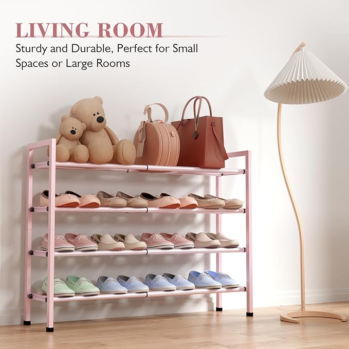 Bumusty 4-Tier Expandable Shoe Rack for Closet, 18“-33” Adjustable Shoe Rack for Small Space, Small Shoe Organizer for Front 