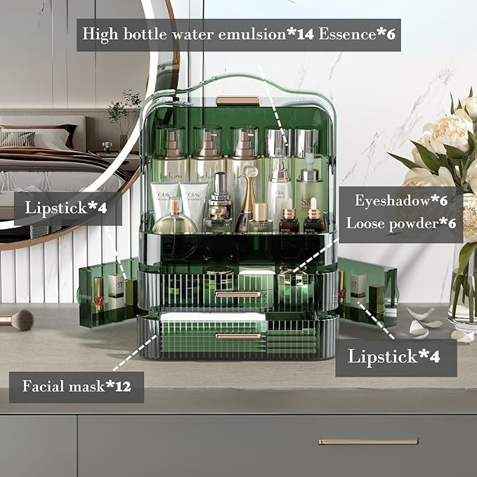 LINFIDITE Cosmetics Storage Box Transparent Lid Large Makeup Organizer Box Drawers Portable Handle Waterproof Dustproof Skinc