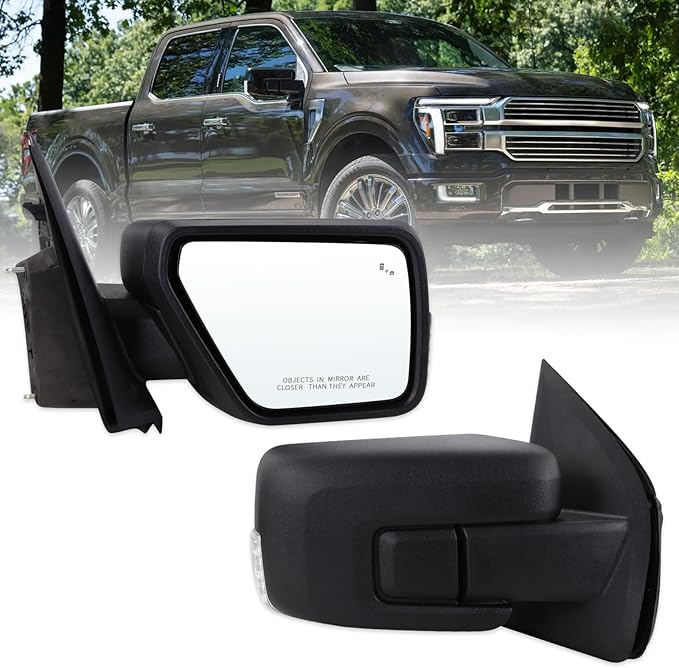 Right Passenger Side Mirror Fits 2021-2026 Ford F150 With Manual Folding Power Glass Heated Blind Spot Turn Signal Puddle Light Temperature Sensors Matte Black Replace#ML3Z17682SA(13Pins)