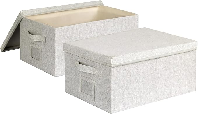 Large 17''x12'' Quart Collapsible Stackable Storage Bins with Lids, 2 Packs Off White Fabric Closet Boxes with Lids, Storage 