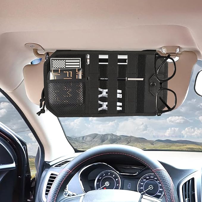 Car Sun Visor Organizer with 3 Extended Straps, Tactical Visor Molle Panel for Trucks SUVs, Heavy Duty 1000D Nylon Storage Pouch for Sunglasses, Cards, EDC Gear, Black