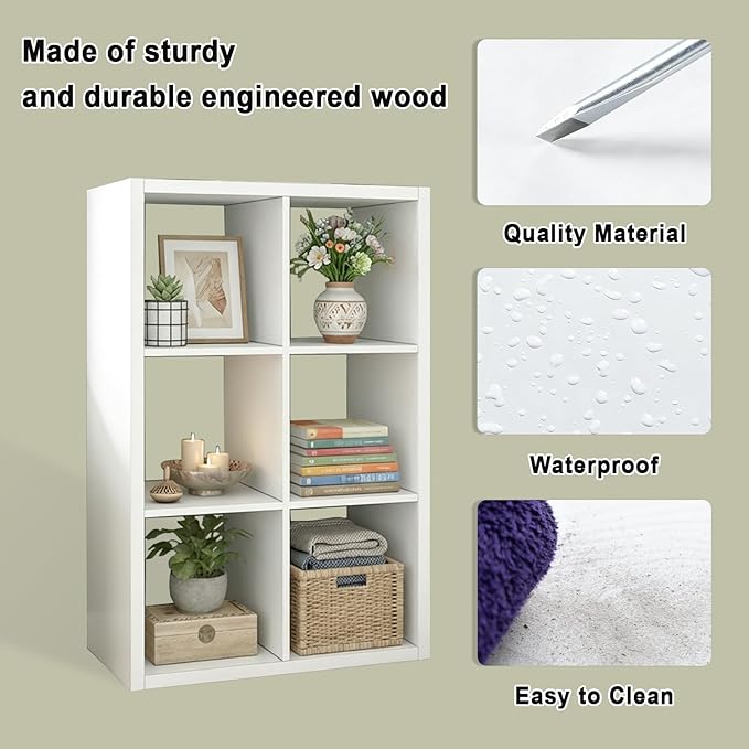CTESNE【2026 Wooden Thick Frame 6 Cube Storage Organizer Shelf with Anti-Tipping Kits + Reversible Open Back Bookcase, Horizon