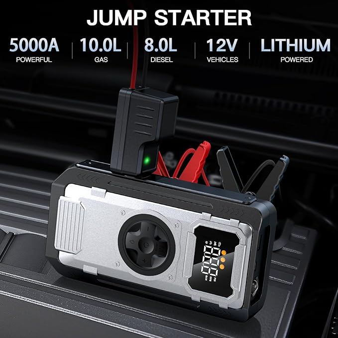 5000A Portable Car Jump Starter with Air Compressor, 150PSI Car Battery Jump Starter (10.0L Gas/8.0L Diesel Engines),12V