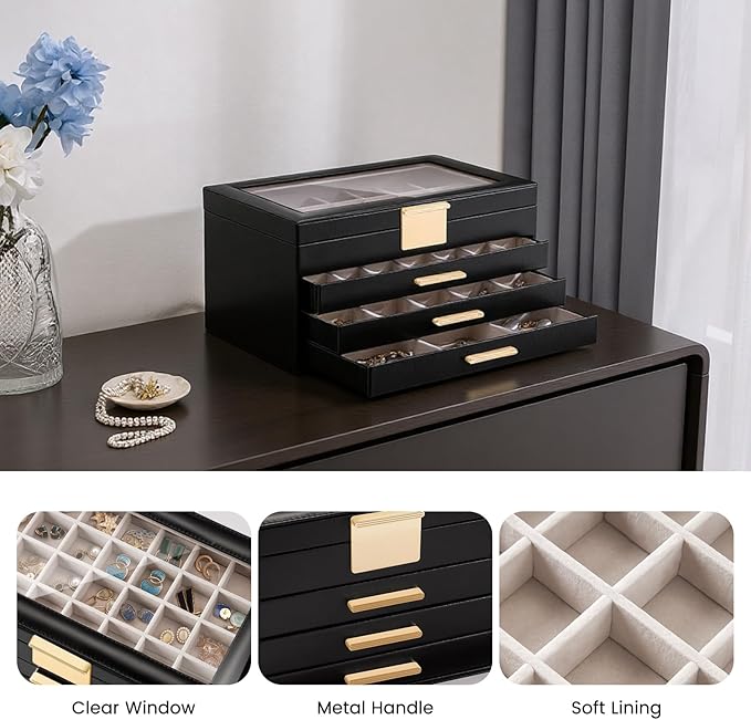 Lolalet Earring Storage Box Case with Glass Top, Large Earring Jewelry Holder Organizer Display with Drawer and Grid, Gifts f