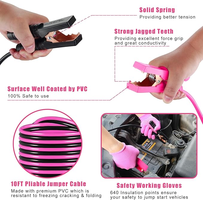 Car Emergency Kit, Pink Roadside Emergency Car Kit with Jumper Cables, Tow Rope, Safety Hammer, Pink Car Accessories for Wome