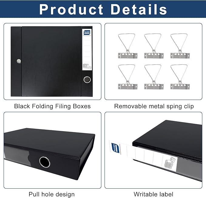 Storage File Boxes A4, 6 Pack Foldable File Box with Clip, 50mm Spine, Plastic Archives Cases with Magnetic Closure, Document