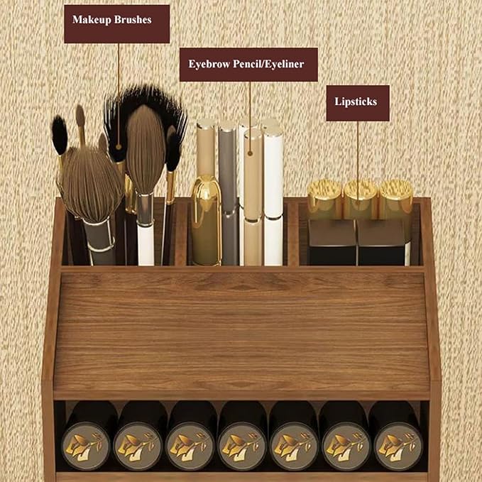 Makeup Organiser Storage Wood Makeup Organizer Box, Lipsticks Holder Rack, with Drawer and Tabletop for Storing Palettes, Bru