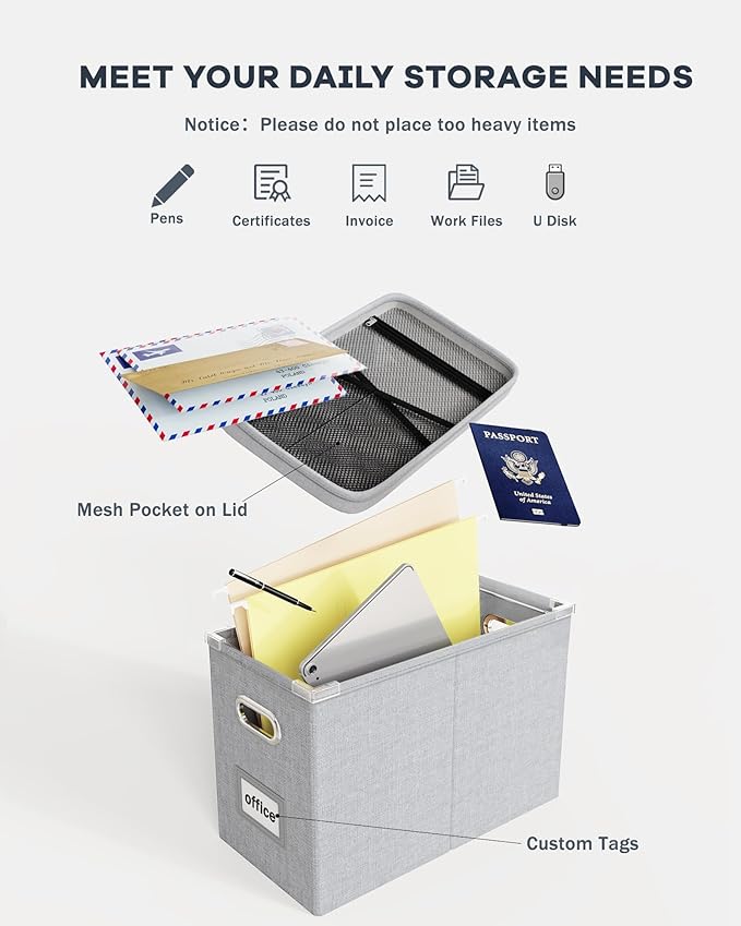 Oterri File Organizer with Lid, Hanging Filing Box with Mesh Pocket, Document Organizer for Letter Files, Portable Storage Bo