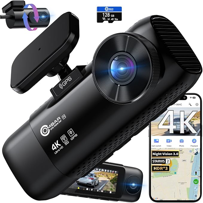 OMBAR T1 4K 3 Channel Dash Cam, STARVIS 2 IMX678 Sensors, Free 128GB Card, 2025 New Full Color HDR Night Vision, 4K+1080P+108