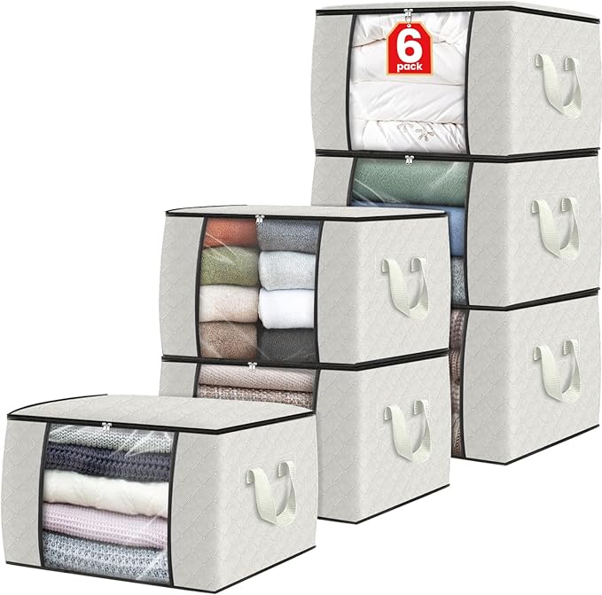 Fab totes 6 Pack Clothes Storage, Foldable Thick Fabric Blanket Storage Bags, Containers for Organizing Bedroom, Closet, Clot